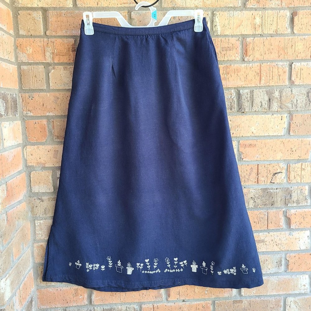Ali Miles A-line Maxi Skirt Linen Blend Embroidered Blue Size 6